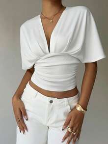 Aloruh Elegant Sexy 95% Cotton Deep V Ruched Short Sleeve T-Shirt, Suitable For Elegant Dates, Commuting, Daily Outings, Sexy, Versatile, Basic Style Suitable For All Seasons; Vintage, Soft Girl, Home, Back To School, Fall Wardrobe; Simple, Fashionable; Cozy, Chic.,Summer Top - White - View 4