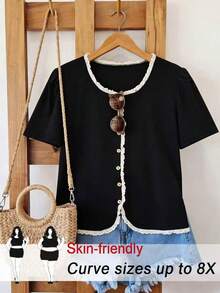 SHEIN CURVE+ Áo kiểu ren phối màu tương phản thanh lịch dành cho nữ cỡ lớn, thích hợp cho mùa hè. - màu đen - Xem 4