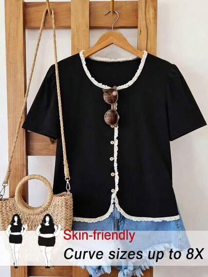 SHEIN CURVE+ Plus Size Women Elegant Contrast Color Lace Blouse T-Shirt, Summer Tops For Women Elegant Cute Black Tops Goth Top Curve Size Tops Black Top With White Trim Black Lace Trim Top