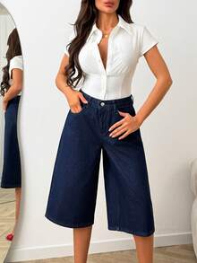 SHEIN 100%纯棉原色水洗刺绣牛仔短裤 - 深色水洗藍 - 查看 5