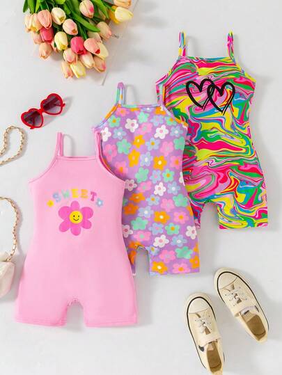SHEIN مجموعة 3 قطع للفتيات الصغيرات: رومبير رومبر بطبعة الكامفلاج على شكل قلب، طبعة زهور صغيرة + طبعة زهور إنجليزية