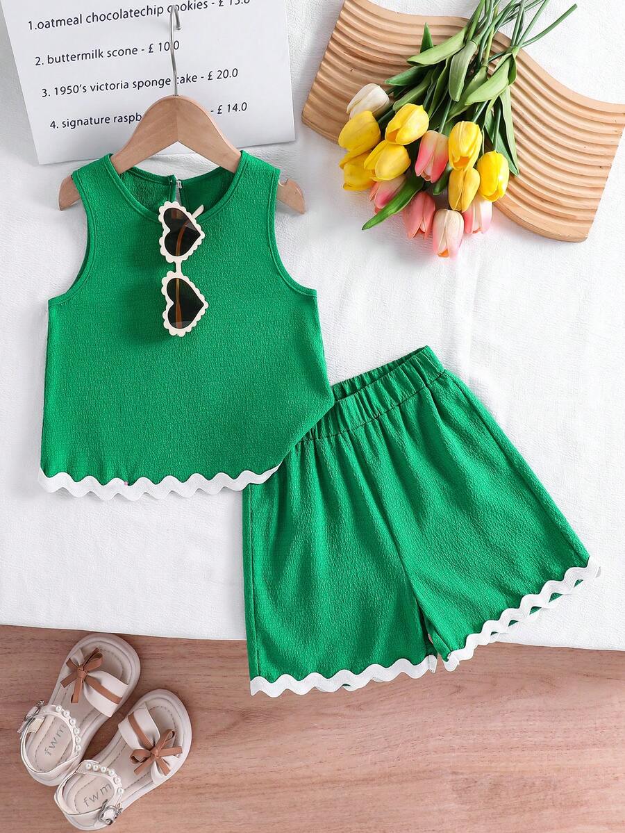 Young Girls Textured Fabric Contrast Hem Sleeveless Top & Casual Shorts T-Shirt Set - Green - View 1
