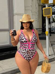 Swim SXY Plus Size Women's Leopard Print Deep V-Neck Sexy Backless One-Piece Swimsuit For Beach & Holiday - Multicolor - View 7