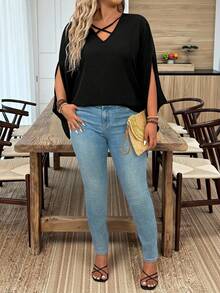 Breezaya Plus Size Women's Casual Vacation Style Solid Color V-Neck Split Sleeve Blouse, Spring/Summer/Autumn - Black - View 7