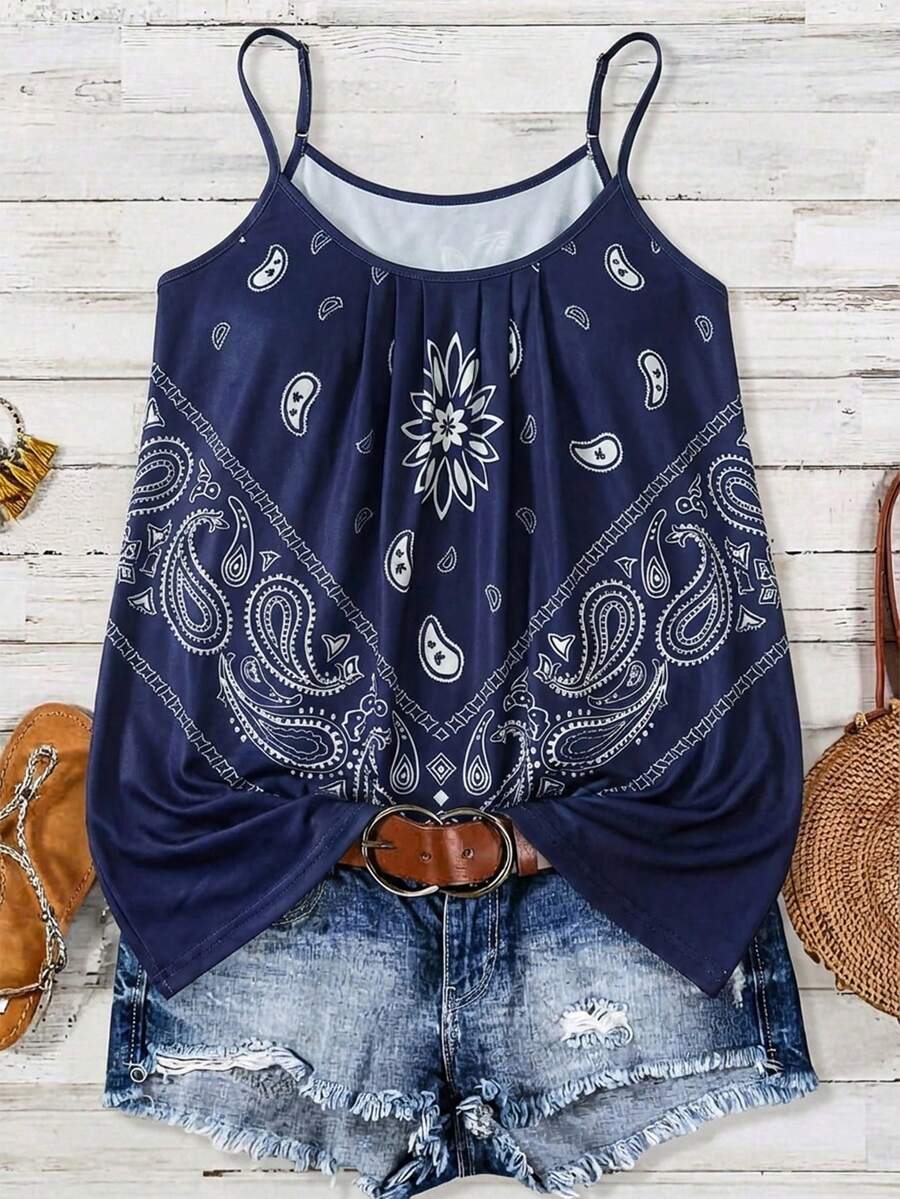 Linhara Áo camisole nữ cỡ lớn, kiểu dáng thường ngày, đa năng, in họa tiết hoa điều. - Màu xanh lam - Xem 1
