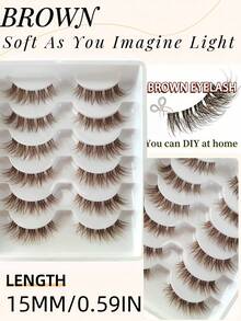 6对棕色仿貂毛假睫毛，透明梗猫眼纤长浓密款，蓬松自然，3D卷翘浓密型，透明柄化妆工具，派对礼物 - 眼尾拉長款 - 查看 1