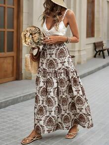 Brillora Women's Elastic Waist Loose Bohemian Print Skirt - Brown - View 7