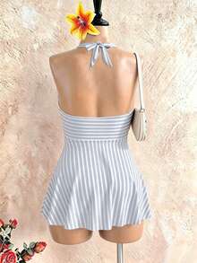 Swim Lushoire 大码女士两件式条纹印花腰部褶皱挂脖式吊带泳衣，成熟简约休闲度假泳装 - 彩色 - 查看 6