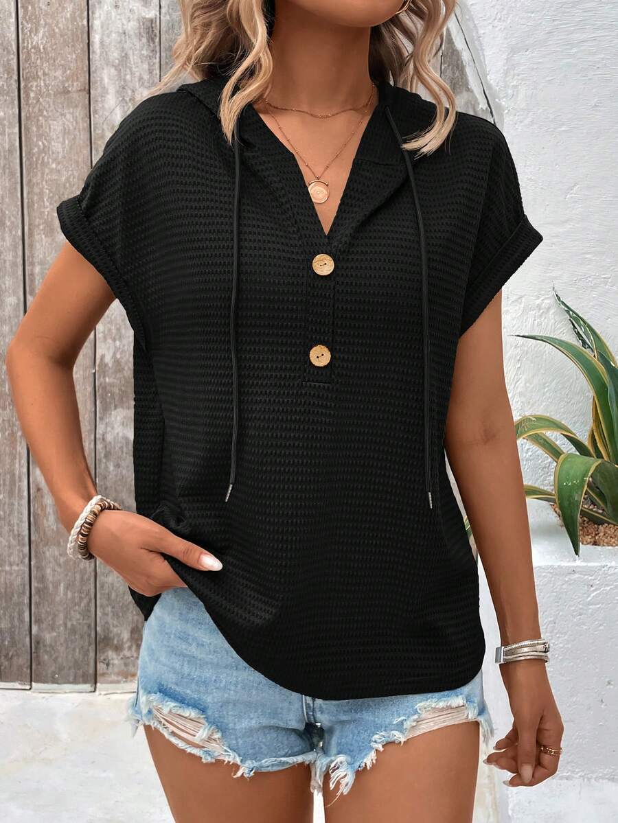 SHEIN LUNE Women Summer Solid Color Button Decorated Batwing Sleeved Casual Bubble Checkered Hooded T-Shirt - Black - View 1