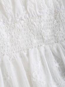 Sweetra Áo kiểu nữ mùa xuân/hè ngọt ngào và dễ thương, chất liệu jacquard họa tiết hoa, dáng chữ A, thắt eo, viền bèo nhún, tay phồng, màu hồng. - trắng - Xem 3