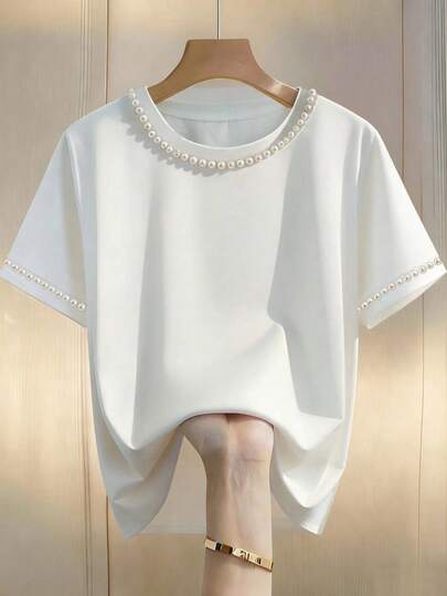 GlowEve CURVE Women's Spring American Style Pearl Decorated Short Sleeve T-Shirt Women's Tops And Blouses Short Sleeve Blouse Pearl Trim Top Elegant Women's Top Pearl Blouse Blanc