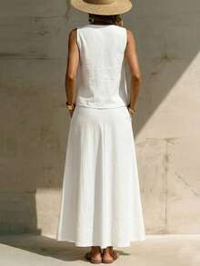 SHEIN LUNE 1 Set Solid Color Linen-Feel Short Sleeve Camisole Top And Skirt For Women - White - View 2