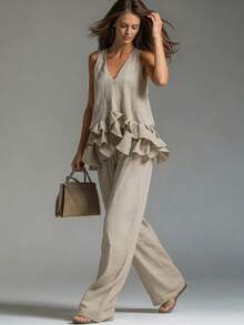 EMERY ROSE Ruffle Hem Decorated Camisole + Pants Set - Khaki - View 3