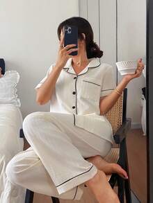 Napfluff 极简撞色滚边开襟短袖长裤家居服套装（女士款） - 杏色 - 查看 6