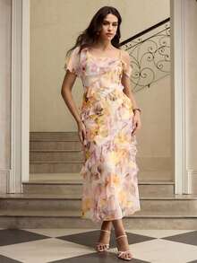 ZEYLAH Printed Asymmetric Ruffle Hem Elegant Dress - Yellow - View 4