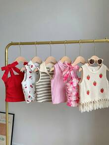 SHEIN [Ngẫu nhiên 6 món, tặng 1 món]! Hộp quà bất ngờ!!! Áo hai dây xếp ly họa tiết sọc và hoa dành cho bé gái - trắng - Xem 4