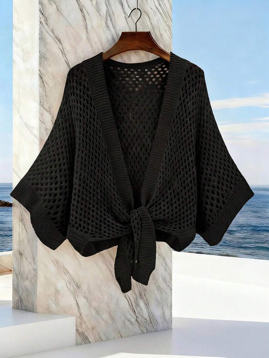 Hollow V-Neck Tie Front Loose Fashionable Versatile Sexy Women Cardigan - Black - View 1