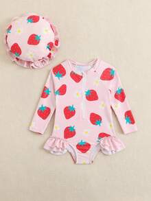 SHEIN Baby Girls' Strawberry & Daisy Print Rash Guard Swimsuit,Long Sleeve One-Piece With Front Zipper,Ruffle Hem,Bow Decor Summer Holiday Beach Pool Wear - Pink - View 5