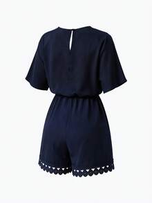 Swim Lushoire 女士夏季沙滩蝙蝠袖V领系带流苏拼接圆蕾丝边连体短裤沙滩装，女士度假连体裤，女士夏季连体裤，女士夏季套装，女士优雅连体裤，女士黑色连体裤，女士复活节连体裤，女士休闲连体裤，女士度假连体裤，女士乡村风连体裤，女士运动连体裤 - 藏蓝色 - 查看 7