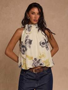 SHEIN Glamour 女士印花系带无袖上衣，优雅度假海滩之选 - 彩色 - 查看 7