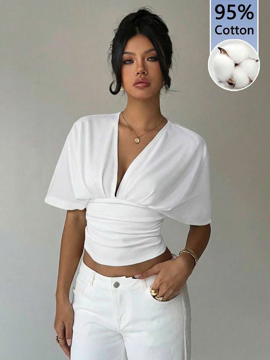 Aloruh Elegant Sexy 95% Cotton Deep V Ruched Short Sleeve T-Shirt, Suitable For Elegant Dates, Commuting, Daily Outings, Sexy, Versatile, Basic Style Suitable For All Seasons; Vintage, Soft Girl, Home, Back To School, Fall Wardrobe; Simple, Fashionable; Cozy, Chic.,Summer Top - White - View 1