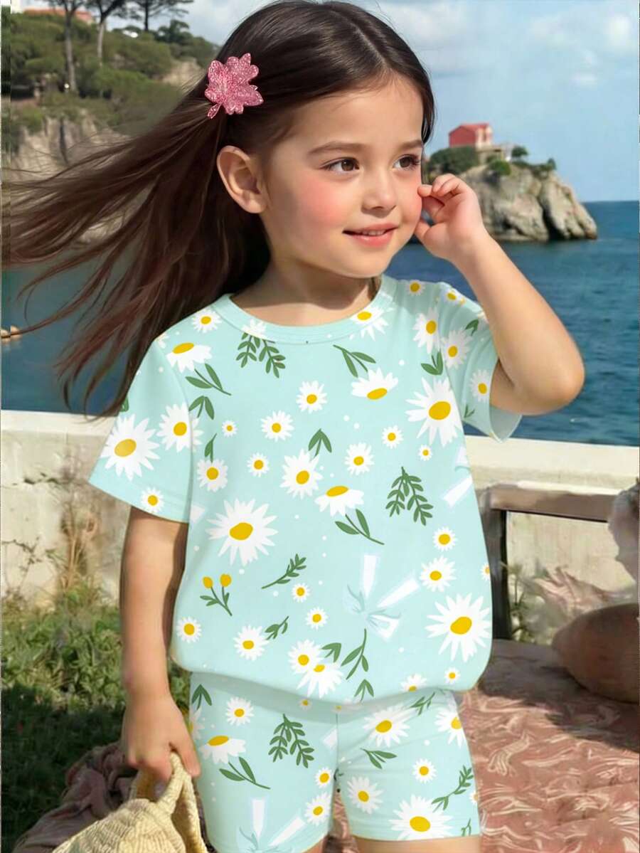 2 st/set babyflicka casual söt blommig & fjärilstryck kortärmad t-shirt och shorts set, lämplig för utomhussommar, ljusgrönt blommigt set - Multifärgad - Visa 1