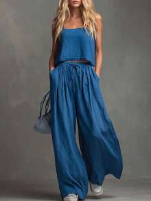 Balvessa 2pcs Women Denim Effect Vest And Pants Set - Blue - View 1