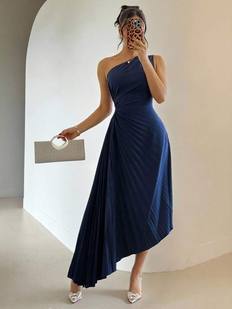 Vestido midi plisado de unicolor sin mangas con dobladillo asimétrico, elegante para el verano - Azul Marino - Añade 1