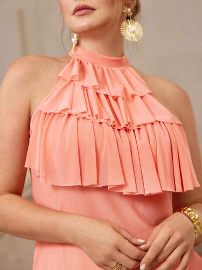 VOLUPTÉ CURVE Áo croptop xếp tầng, cổ cao, không tay, ôm dáng, chất liệu chiffon, cỡ lớn, thích hợp mặc thường ngày và đi nghỉ mát cho nữ, phù hợp cho mùa xuân/hè.