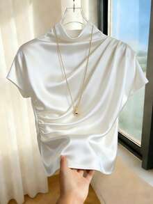 Franclia 女士休闲百搭纯色褶裥修身短袖白色T恤 - 白色 - 查看 3