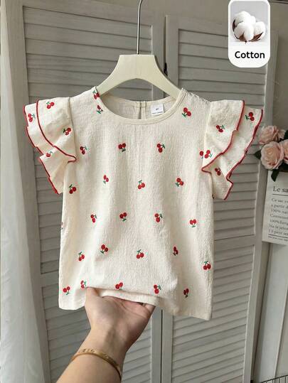 SHEIN بلوزة بياقة مستديرة وأكمام قصيرة مطبوعة بنقشة الكرز للفتاة الصغيرة