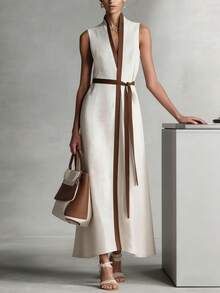 EMERY ROSE Đầm nữ không tay phối màu, chất liệu giả vải lanh, kiểu dáng thường ngày. - Màu be - Xem 4