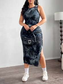 SHEIN EZwear 黑色扎染针织无袖加大码修身连衣裙（女款） - 黑色 - 查看 6