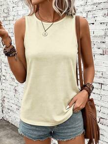 SHEIN LUNE Women's Round Neck Sleeveless 95% Casual Solid Color Comfortable Outdoor Vest, Suitable For Summer - Beige - View 5