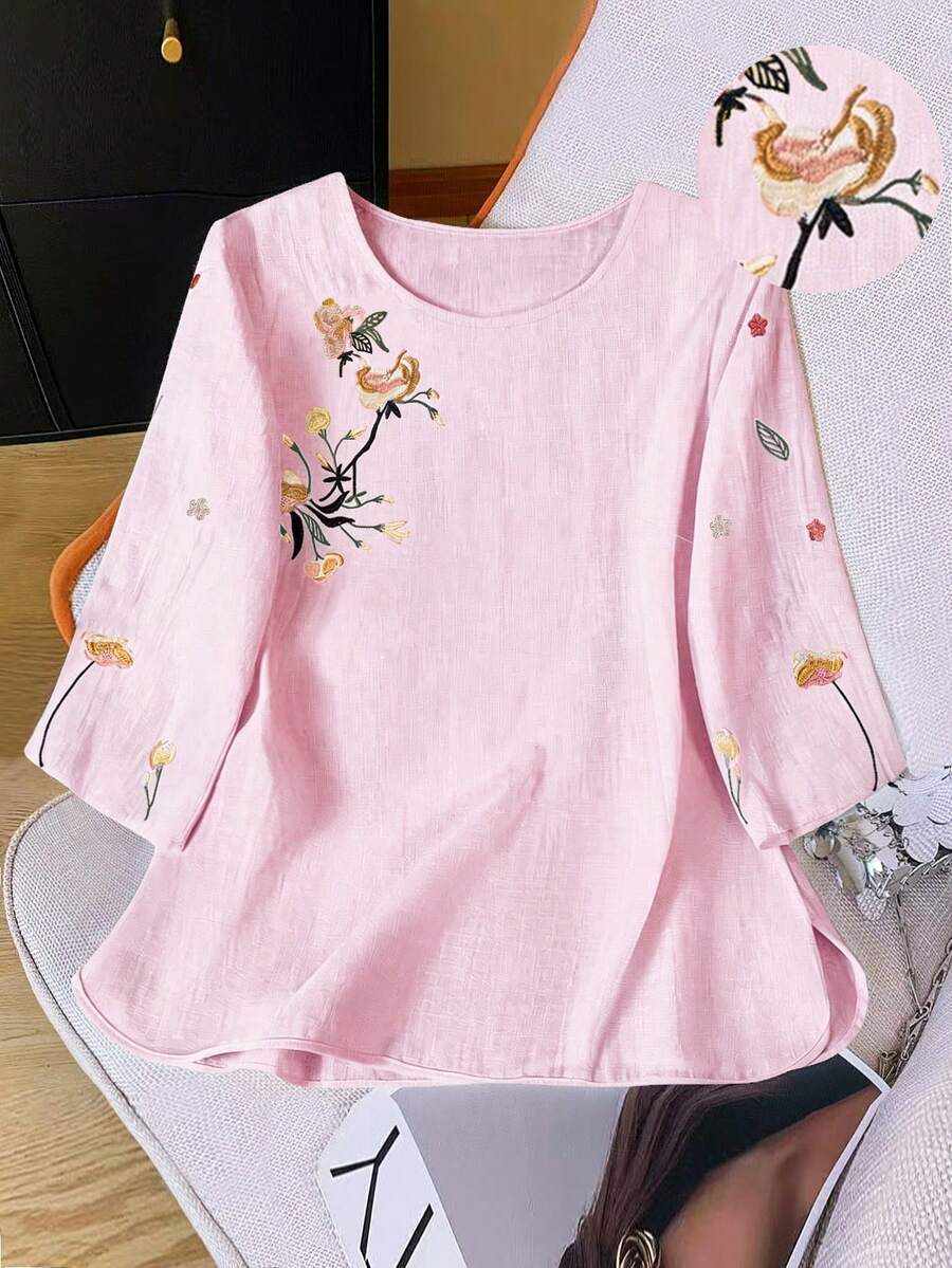SHEIN LUNE Áo kiểu dáng bohemian thêu hoa, thanh lịch, cỡ lớn. - Hồng - Xem 1