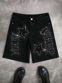 Manfinity EMRG Men's Hiphop Street Fashion Star Rhinestone Club Washed Black Wide Leg Denim Shorts - Black - View 3