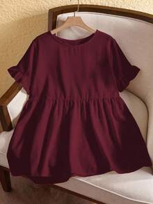Rusticease Plus Size Women Round Neck Ruffle Trim Short Sleeve Blouse, Summer Office Burgundy Casual Formal - Burgundy - View 7