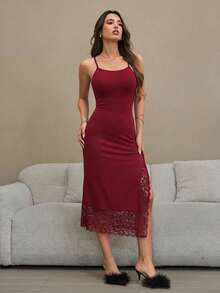 HautHeat Women's Elegant Lace Patchwork Side Slit Backless Halter Neck Summer Dress - Burgundy - View 5