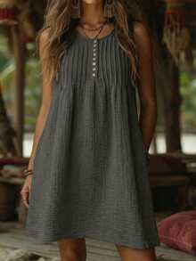 Balvessa Đầm không tay chất liệu giả vải lanh dành cho nữ - Xám - Xem 1