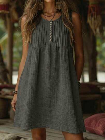 Balvessa Vestido sin mangas de aspecto de lino para mujer