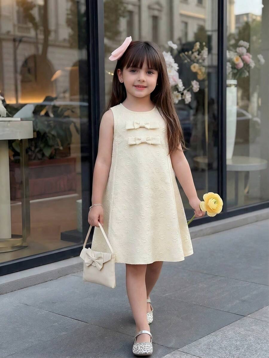SHEIN Young Girl Sleeveless Dress With Bow Decor, Suitable For Birthday Party, Daily Wear, Vacation And Outing