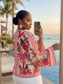 SHEIN Lady CURVE Áo kiểu nữ cỡ lớn in họa tiết retro, thắt nơ phía trước, phong cách thường ngày, kiểu boho, áo nữ mùa hè, áo lụa, áo nữ mùa hè, quần áo Anthropologie, quần áo ấm áp mùa thu và mùa đông cho nữ, áo hồng thanh lịch. - Màu Hồng Tươi - Xem 3