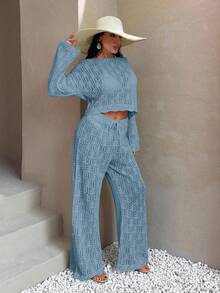 EURMUSE Ivory Open-Knit Two Pieces Set With Flared Pants And Long-Sleeve Top, Featuring A Lightweight And Breathable Fabric For Boho-Chic Styles Women For Summer Hollow Out - Baby Blue - View 4