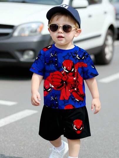 男童休闲舒适酷炫蜘蛛卡通图案短袖短裤套装，时尚百搭，春夏新款，男童服装，适合拍照、日常穿着、居家、度假、送礼