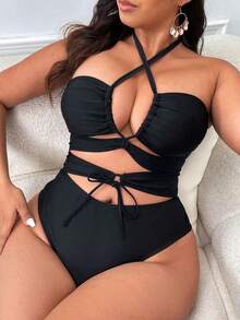 Swim SXY Traje de baño de una pieza con corte verano, escote halter con lazos cruzados en el frente y talla grande para playa - Negro - Ver 2