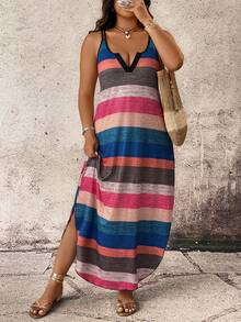 Breezaya Casual Comfortable Striped Fabric Special Shoulder Strap Design Plus Size Dress, Suitable For Spring, Summer, Autumn - Multicolor - View 3