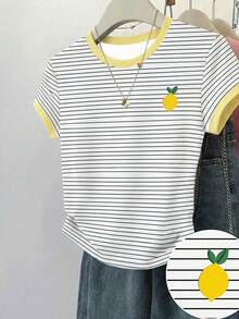 Áo croptop tay ngắn in họa tiết sọc chanh cho bé gái tuổi teen, kiểu dáng thoải mái và năng động, thích hợp cho mùa xuân/hè, thời trang, phù hợp cho các hoạt động ngoài trời, dã ngoại, chụp ảnh đường phố, kỳ nghỉ, lễ hội, làm quà tặng. - Nhiều màu - Xem 3