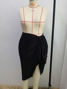 Swim Lushoire Plus Size Solid Color Skirt Cover-Up, Bohemian Style Tassel Beach Wrap - Black - View 6