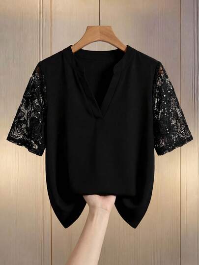 Elenzga Plus Size Women V-Neck Mesh Casual Fashion Blouse