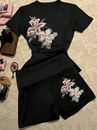 Glimmora Bộ đồ nữ Y2K in hoa, gồm 2 món, trang phục thường ngày thoải mái, phù hợp cho mùa xuân/hè.